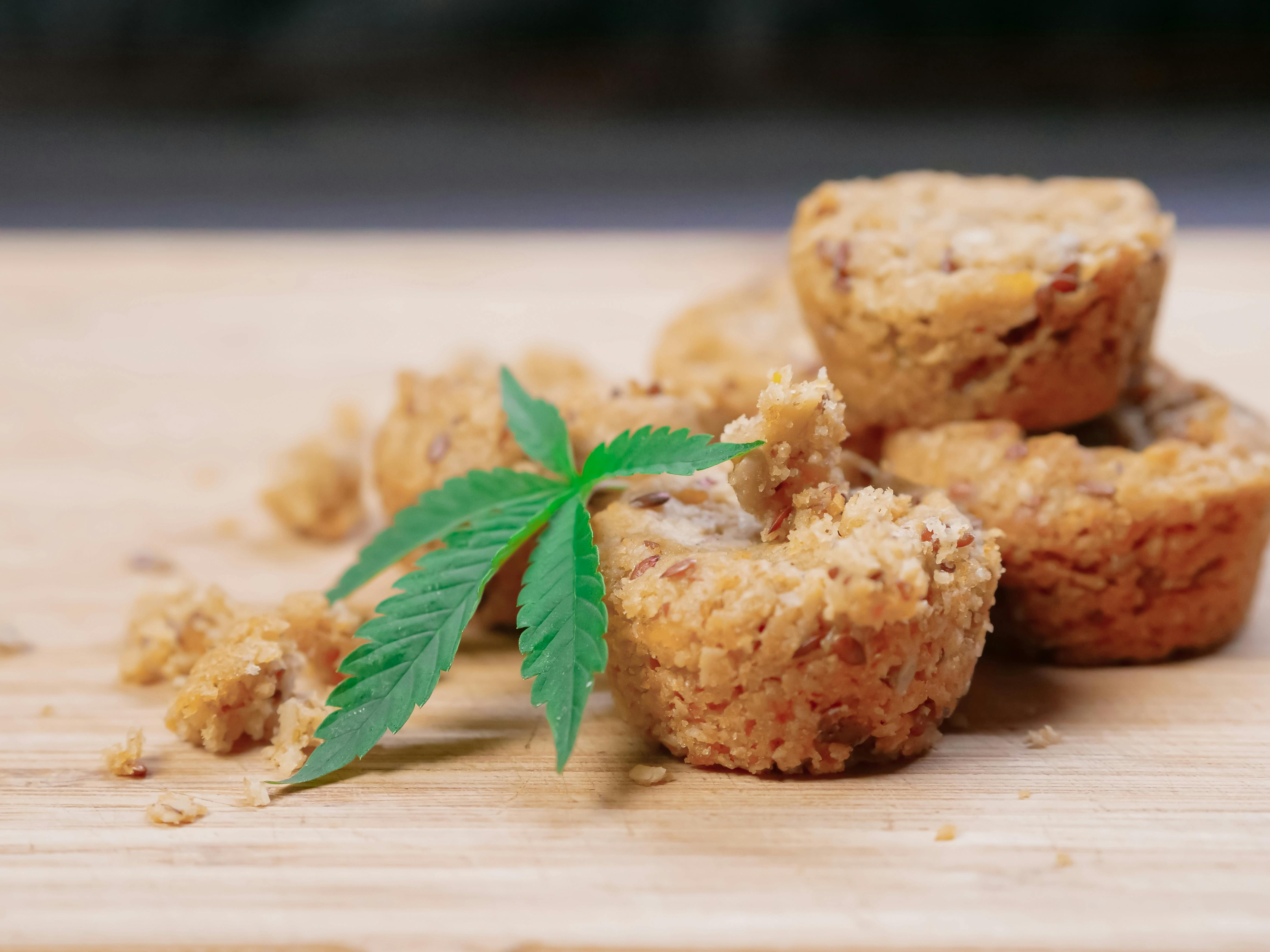 Cannabis-infused muffins on a butcher block