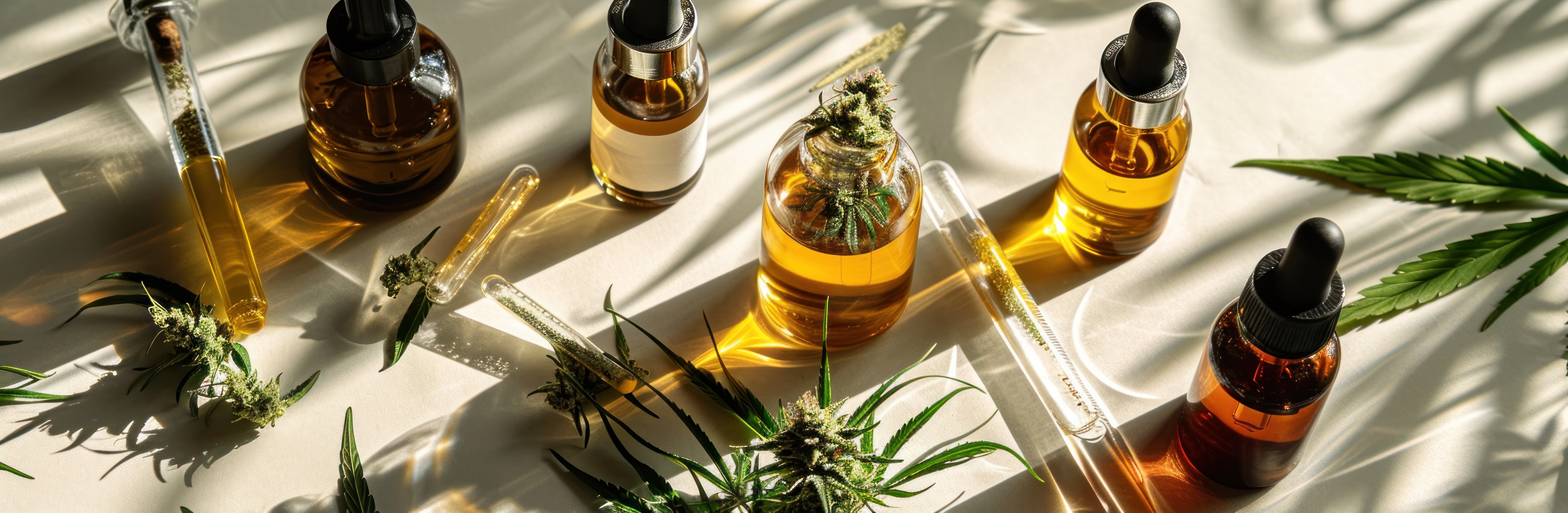 An arrangement of CBD tinctures.