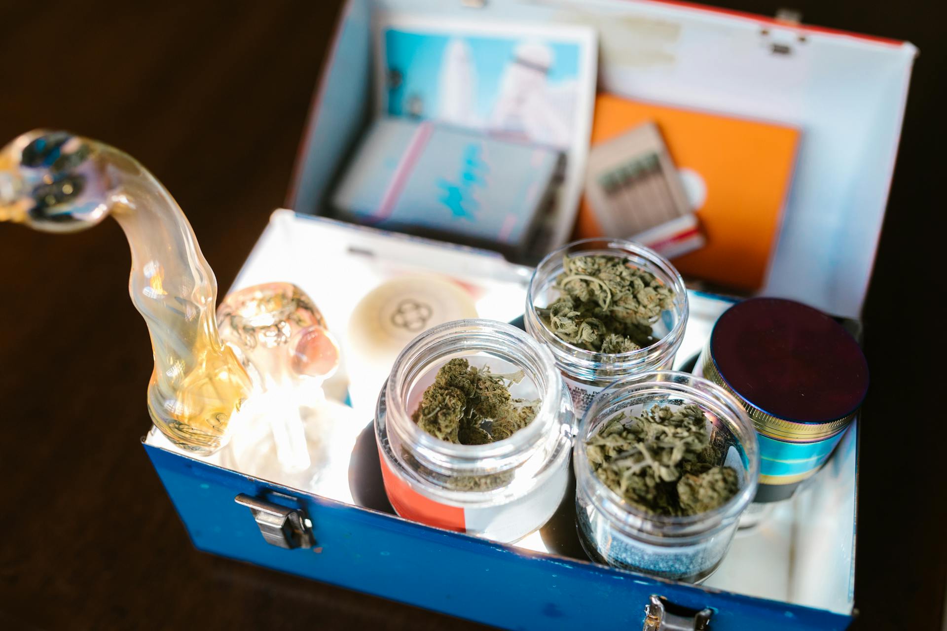 A box of cannabis and weed accessories